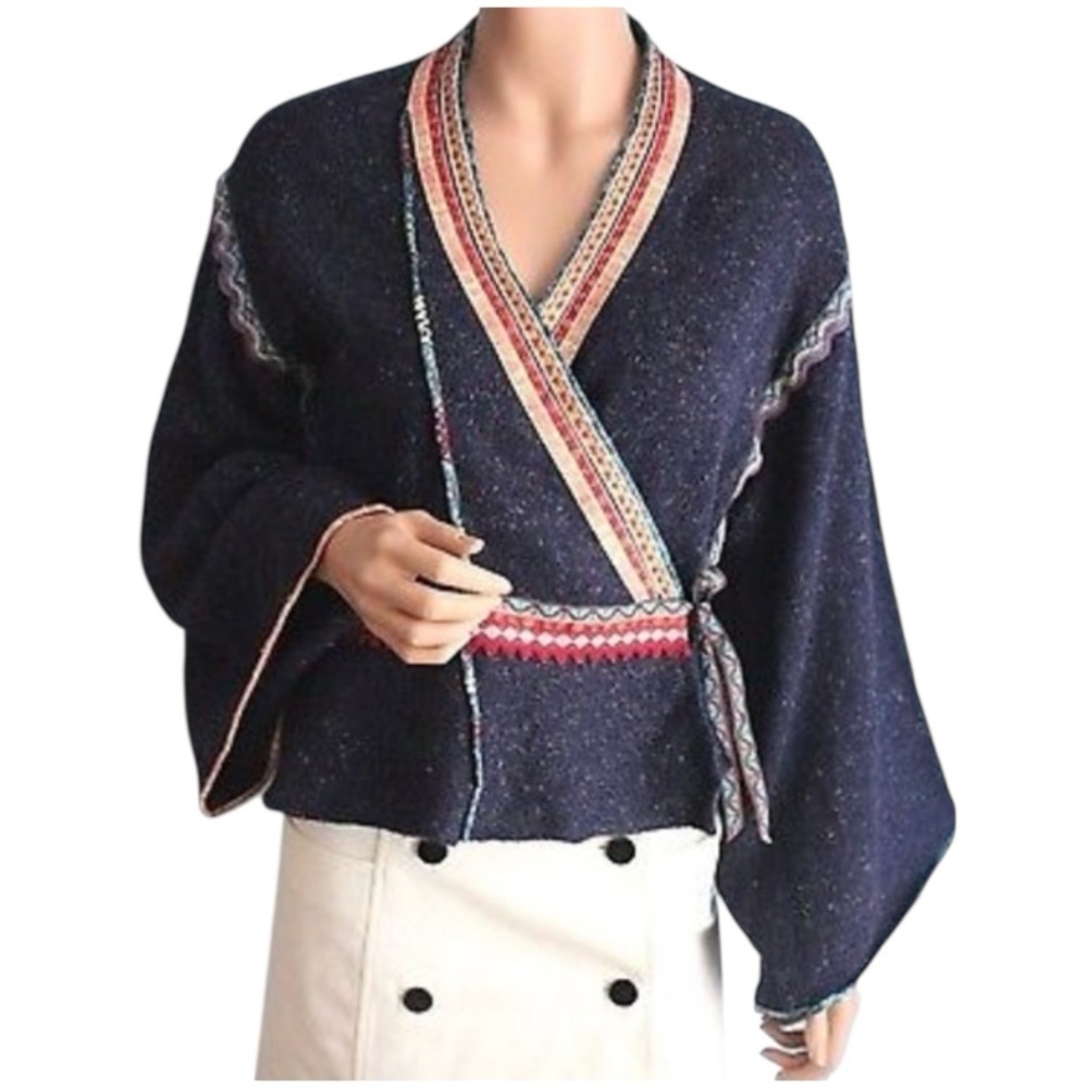 Anthropologie Moth Corn Wind Navy Kimono Cardigan Wrap Sweater women’s medium - Picture 3 of 17